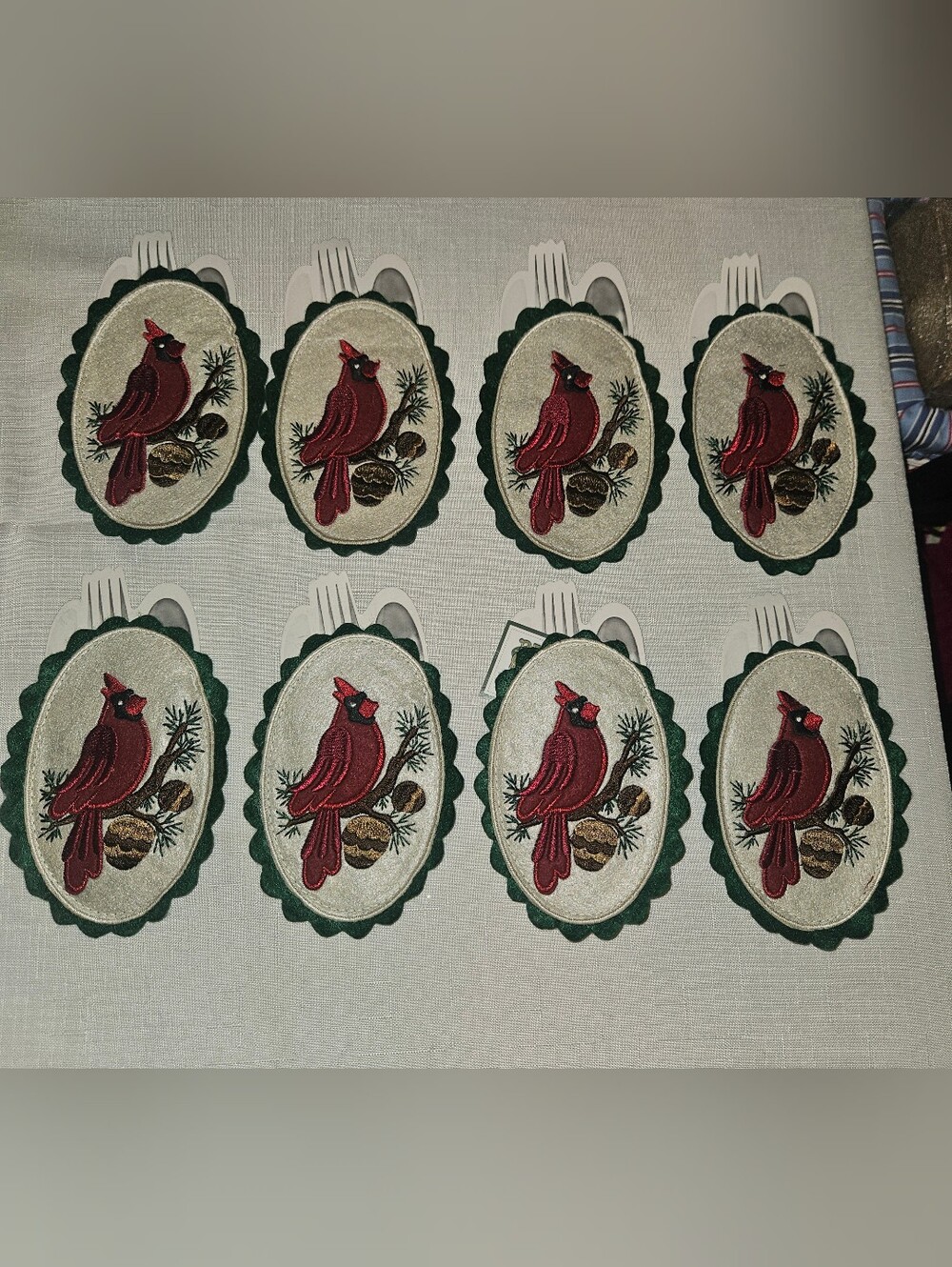 Source Unknown Red Cardinal Napkin/Cutlery Holders with Green Trim